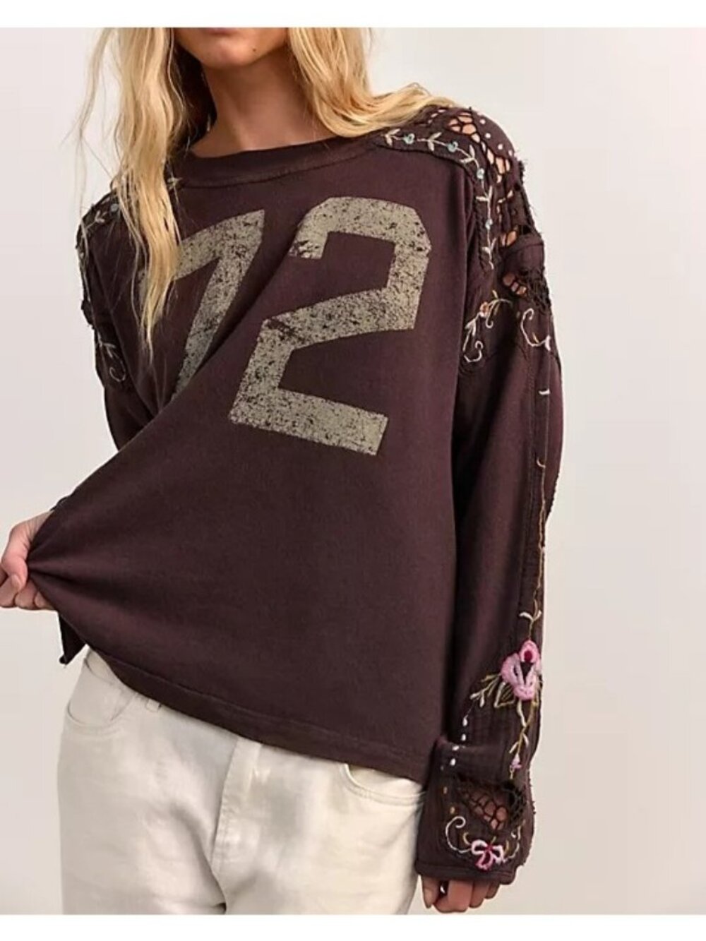 Free People Lilith Long Sleeve T Shirt Boho Chic Athleisure Embroidery Womens XS